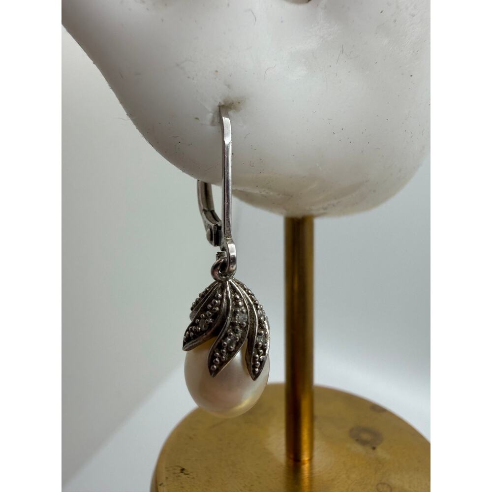 teardrop pearl drop earrings sterling silver 925 small diamonds - Picture 4 of 4